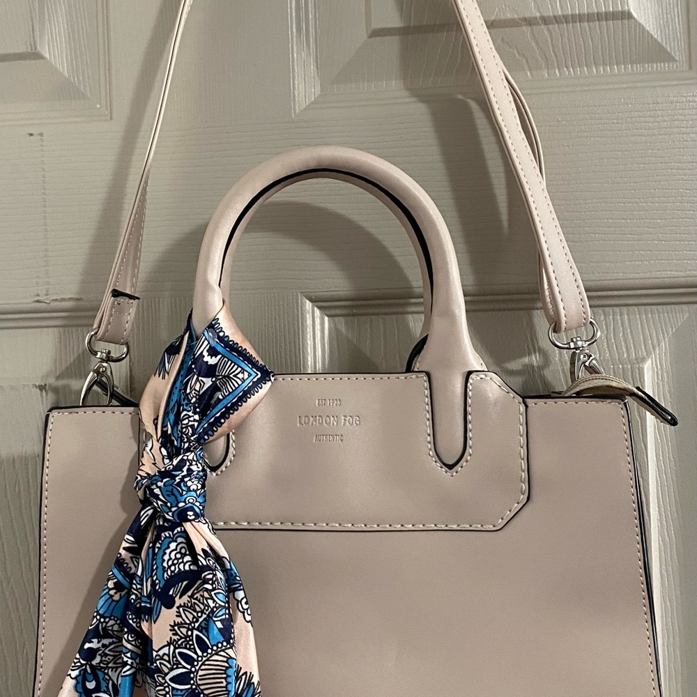 London Fog Blush Crossbody Satchel with Blue Patterned Scarf